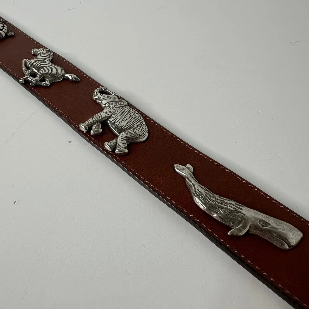 Honest Brighton Brown Leather Belt Silver Tone 3D Animals Safari Vtg 90s Sz 30